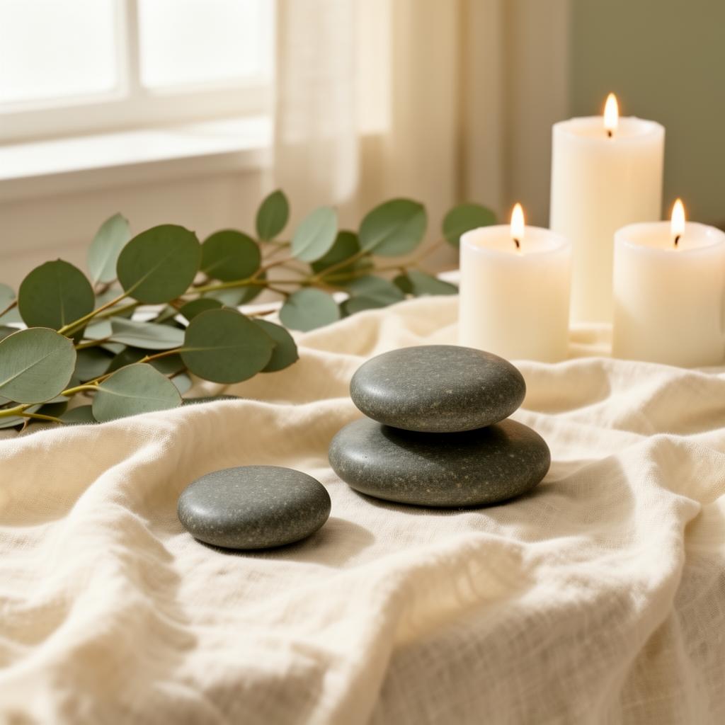 Luxury spa still life with smooth massage stones and fresh eucalyptus